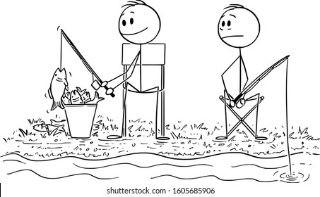 Vector cartoon stick figure drawing conceptual illustration of unsuccessful envious or jealous man fishing and watching another fisherman catching many fish.