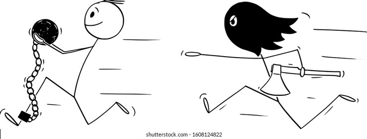 Vector cartoon stick figure drawing of man in chain with iron ball attached to hid leg, he is running away or escaping, executioner on headsman is chasing him.