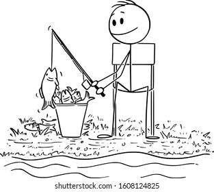 Vector cartoon stick figure drawing conceptual illustration of successful fisherman or man with rod fishing fish on the lake or river bank. Placing a lot of catch in the bucket.
