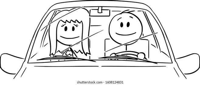 Vector cartoon stick figure drawing conceptual illustration of happy smiling man or driver enjoying driving a car. Front view.