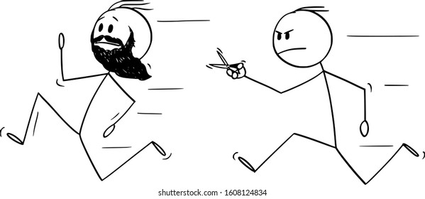 Vector cartoon stick figure drawing conceptual illustration of bearded hipster man with full beard running away from angry barber with scissors.