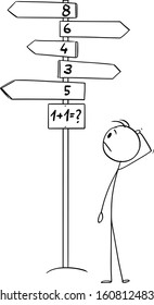 Vector cartoon stick figure drawing of man standing on decision crossroad and trying to solve 1 plus 1 or one plus one calculation, but there is no correct or good solution.