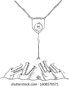 Vector cartoon stick figure drawing conceptual illustration of man or businessman hanging on the rope above water full of crocodiles. Business concept of crisis.