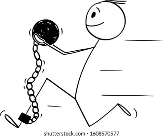 Vector cartoon stick figure drawing conceptual illustration of man in chain with iron ball attached to hid leg, he is running away or escaping from prison.