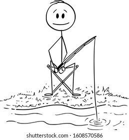 Vector cartoon stick figure drawing conceptual illustration of man or fisherman with rod fishing fish on the lake or river bank.