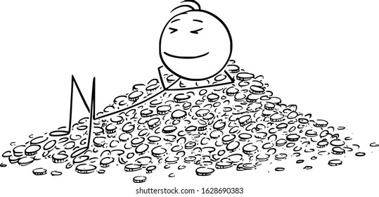 Vector cartoon stick figure drawing conceptual illustration of successful man or businessman enjoying relax while lying on pile of money or coins. Concept of banking or savings.