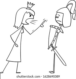 Vector cartoon stick figure drawing conceptual illustration of princess or queen yelling angry at prince or warrior in armor. Concept of relationship problem.