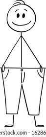 Vector cartoon stick figure drawing conceptual illustration of Slim, thin or skinny man in big trousers. Concept oh healthy lifestyle, diet and losing weight.