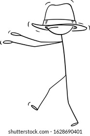 Vector cartoon stick figure drawing conceptual illustration of man or businessman walking blind because of hat too big for him covering him eyes.