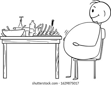 Vector cartoon stick figure drawing conceptual illustration of fat or obese or overweight man sitting satisfied behind table after dinner.Healthy lifestyle concept.