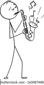 Vector cartoon stick figure drawing conceptual illustration of man or musician playing music on saxophone.