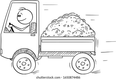 Vector cartoon stick figure drawing conceptual illustration of smiling man or driver driving small truck loaded by sand or soil. Transportation or logistic business concept.