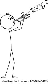 Vector cartoon stick figure drawing conceptual illustration of man or musician playing music on trumpet.