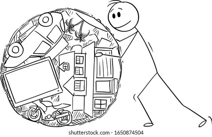 Vector cartoon stick figure drawing conceptual illustration of man or businessman rolling ball of his wealth or property like dung beetle.