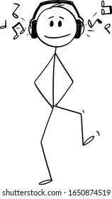 Vector cartoon stick figure drawing conceptual illustration of happy man walking with big headphones and hearing music.