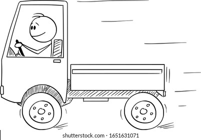 Vector cartoon stick figure drawing conceptual illustration of smiling man or driver driving small unloaded truck. Transportation or logistic business concept.