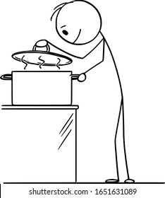 Vector cartoon stick figure drawing conceptual illustration of hungry curious man or cook looking on hot food inside of cooking pot.