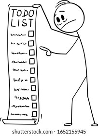 Vector cartoon stick figure drawing conceptual illustration of depressed man or businessman holding todo, to-do list or checklist with checking of compete tasks.