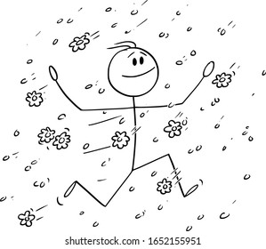 Vector cartoon stick figure drawing conceptual illustration of happy man or businessman running in rain of falling flowers, petal,bloom or blossom.