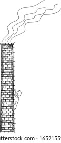 Vector cartoon stick figure drawing conceptual illustration of man, worker or ecologist climbing old factory smokestack or chimney.