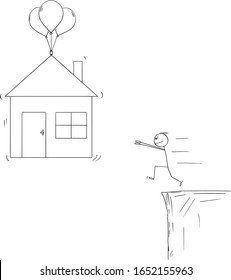 El vector de caricaturas ilustra la ilustración conceptual del hombre tratando de conseguir una hipoteca y comprar una casa familiar, pero no es capaz de obtenerla o pagarla.