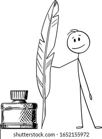 Vector cartoon stick figure drawing conceptual illustration of man, writer or poet with quill pen and ink bottle.