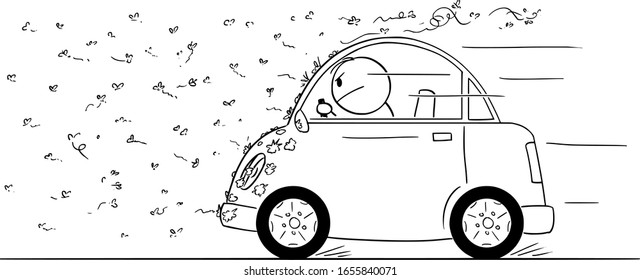 Vector cartoon stick figure drawing conceptual illustration man driving car through swarm bugs  flies  mosquito insect 