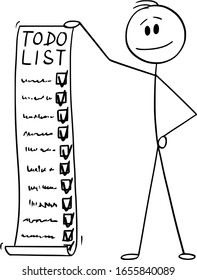 Vector cartoon stick figure drawing conceptual illustration of man or businessman holding todo, to-do list or checklist with checking of compete tasks.