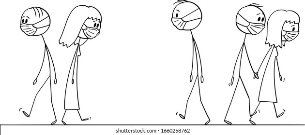 Vector cartoon stick figure drawing conceptual illustration of crowd of people walking on the street, with facial masks to protect yourself from pollution of coronavirus virus infection.