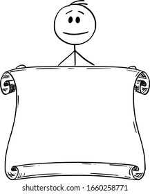 Vector cartoon stick figure drawing conceptual illustration of man or businessman holding empty scroll or sheet of paper.