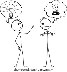 Vector cartoon stick figure drawing conceptual illustration of two men or businessmen, one with idea and second thinking that the idea is crap