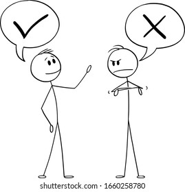 Dibujo vectorial dibujo ilustración conceptual de dos hombres o hombres de negocios hablando o conversando, uno es positivo y el segundo es negativo.