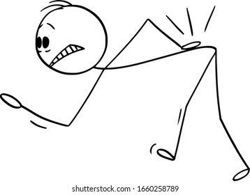 Vector cartoon stick figure drawing conceptual illustration of man walking bent down by pain in his back or backache.