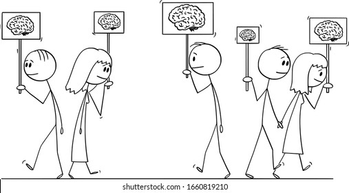 Vector cartoon stick figure drawing conceptual illustration of crowd of people walking on the street holding signs with brain image showing their intellect. Concept of human intelligence.