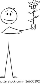 Vector cartoon stick figure drawing conceptual illustration of man or businessman holding flower in pot and pointing at it. Concept of success, reward, investment or profit.