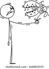 Vector cartoon stick figure drawing conceptual illustration of scared or frightened man holding dangerous carnivorous plant with mouth and teeth in flower pot.