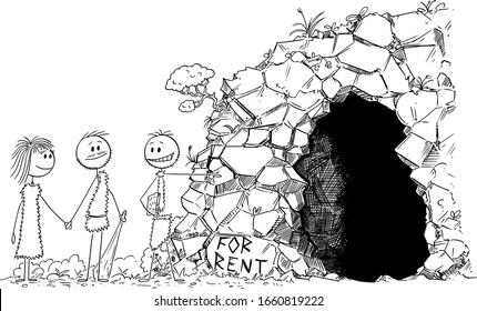Vector cartoon stick figure drawing conceptual illustration of prehistoric man or caveman realtor or estate agent showing cave for rent to young people.