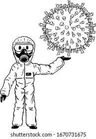 Vector cartoon stick figure drawing conceptual illustration of man wearing protective face mask and suit holding big coronavirus covid-19 in hand.