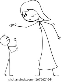 Vector cartoon stick figure drawing conceptual illustration of small man and big woman or boss yelling at employee. Couple fight. Concept of relationship.