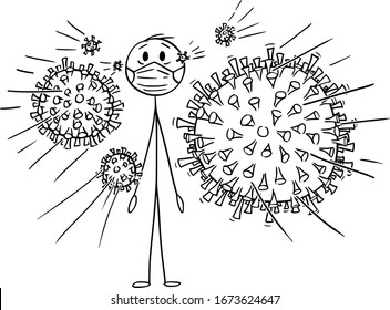 Vector Cartoon Stick Figure Drawing Conceptual Illustration Of Man Wearing Face Mask Attacked By Coronavirus Covid-19 Infection.