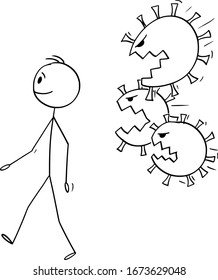 Vector cartoon stick figure drawing conceptual illustration of man walking unaware while Coronavirus or virus covid-19 is attacking him.