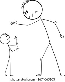 Vector cartoon stick figure drawing conceptual illustration of big man yelling at small man or boss yelling at worker or employee.