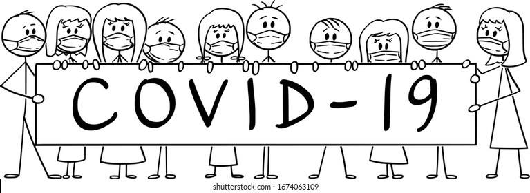 Dibujo de ilustraciones conceptuales de un grupo de personas que llevan máscaras faciales y portan el signo del coronavirus covid-19. Concepto de infección y epidemia.