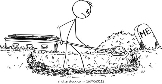 Vector cartoon stick figure drawing conceptual illustration of man digging his own grave.