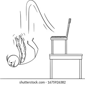 Vector cartoon stick figure drawing conceptual illustration of man or businessman trying to fly with wings but falling down. Business concept of success and failure.