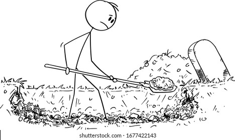 Vector cartoon stick figure drawing conceptual illustration of man digging grave.