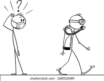 Vector cartoon stick figure drawing conceptual illustration of shocked man in face mask watching another man, wearing scuba diver mask and equipment as coronavirus covid-19 protective suit.