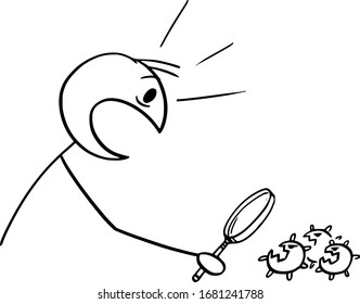 Vector cartoon stick figure drawing conceptual illustration of man, doctor or scientist looking at laboratory sample and find coronavirus COVID-19.
