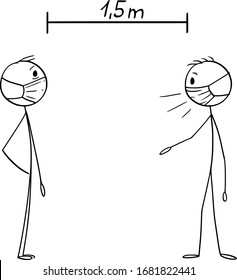 Vector cartoon stick figure drawing instructional illustration how to talk with others during coronavirus COVID-19 epidemic. Keep your distance.