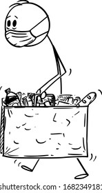 Vector cartoon stick figure drawing conceptual illustration of man wearing face mask carrying shopping bags with food from grocery shop or supermarket. Coronavirus COVID-19 epidemic concept.